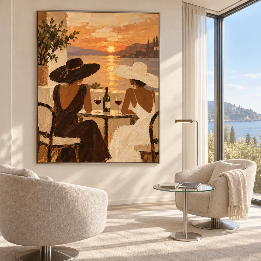 Earth-Tone Hand-Painted Oil Painting, Two Women Sharing Wine by a Sunset Bay #ZMIDYNFF