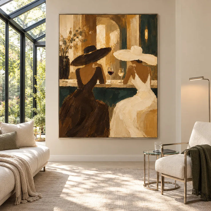 Earth-Tone Hand-Painted Oil Painting, Two Women in Wide-Brim Hats at a Bar #V8ML4SGZ