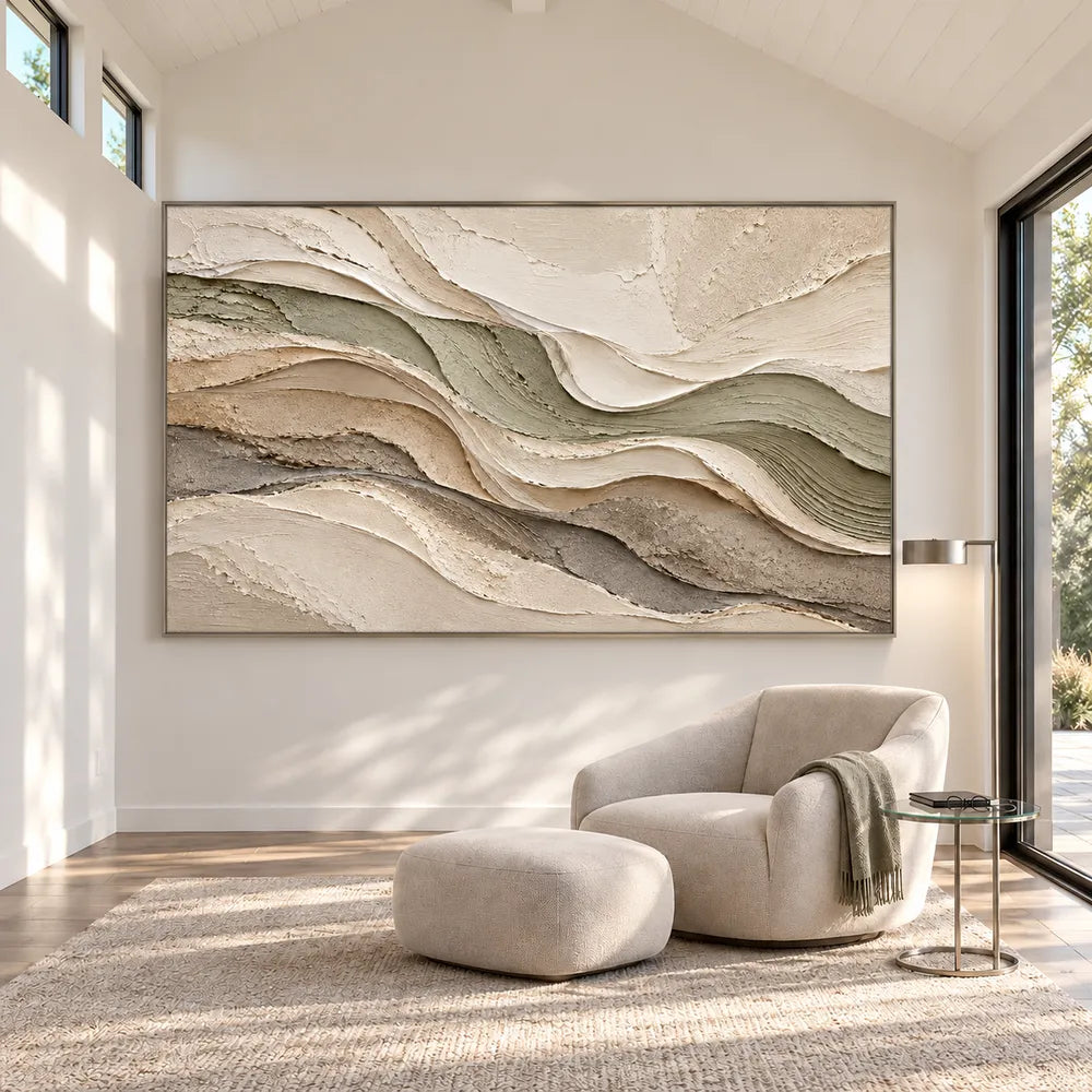 Beige Hand-Painted 3D Textured Oil Painting, Olive and Cream Wave Layers #OF6D6DT0
