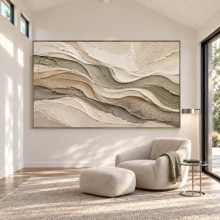 Beige Hand-Painted 3D Textured Oil Painting, Olive and Cream Wave Layers #OF6D6DT0