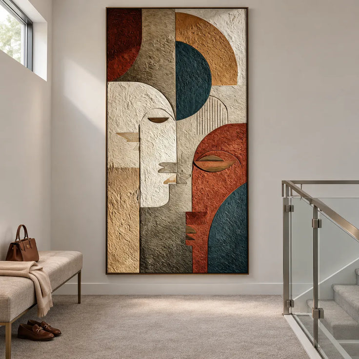 Earth-Tone Hand-Painted 3D Textured Oil Painting, Geometric Faces #PDTZGB6G