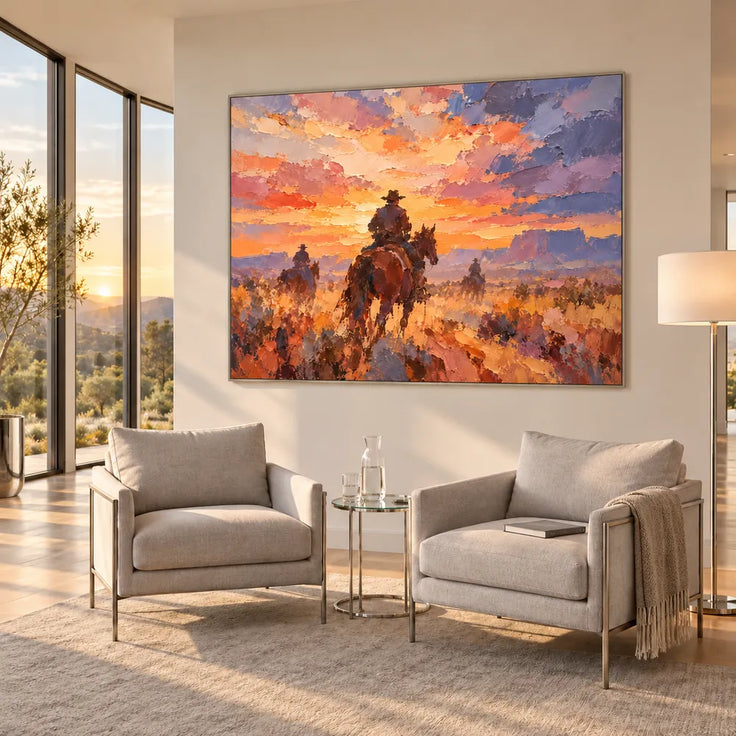 Orange Hand-Painted Oil Painting, Western Riders beneath a Sunset Sky #3T3ZPOIY