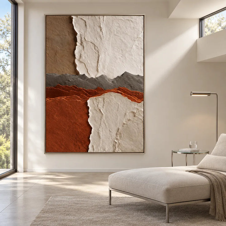 Ivory and Rust Hand-Painted 3D Textured Oil Painting, Layered Ridge Abstract #I8S5QRXD