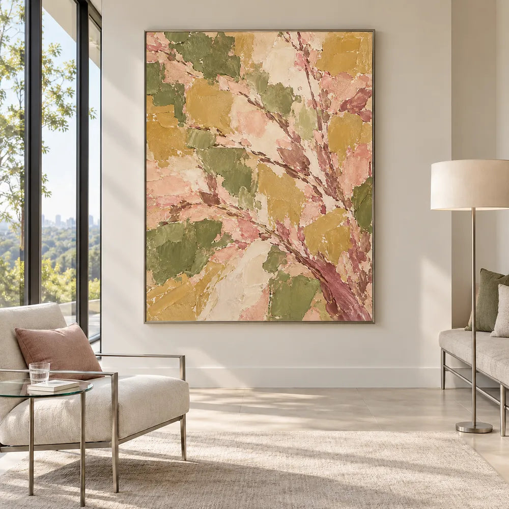 Olive and Blush Hand-Painted Oil Painting, Sweeping Botanical Branches #8PND22D9