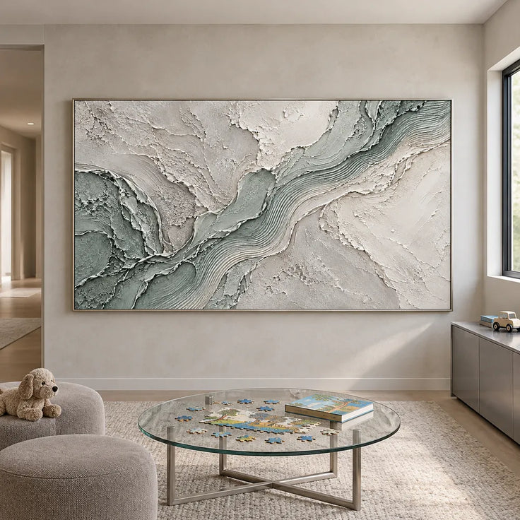 Sage and White Hand-Painted 3D Textured Oil Painting, Flowing Ridges #4SLLXKNH
