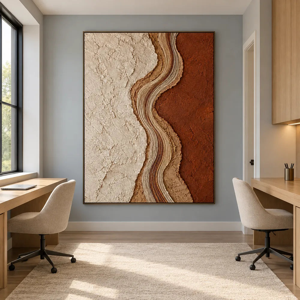 Cream & Terracotta Hand-Painted 3D Textured Oil Painting, Wavy Abstract Band #E5HLHQUE