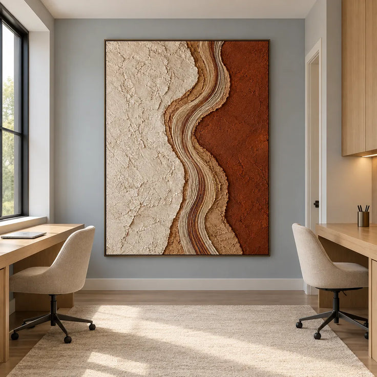 Cream & Terracotta Hand-Painted 3D Textured Oil Painting, Wavy Abstract Band #E5HLHQUE