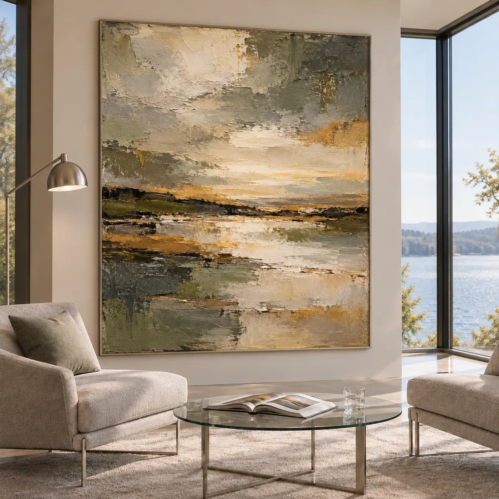 Olive Gray Hand-Painted Oil Painting, Abstract Shoreline and Pale Reflection #W805EAVM
