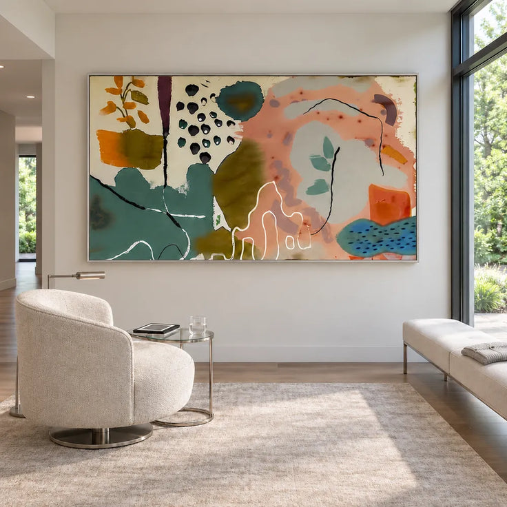 Sage and Peach Hand-Painted Oil Painting, Botanical Abstract #3X3L14J2