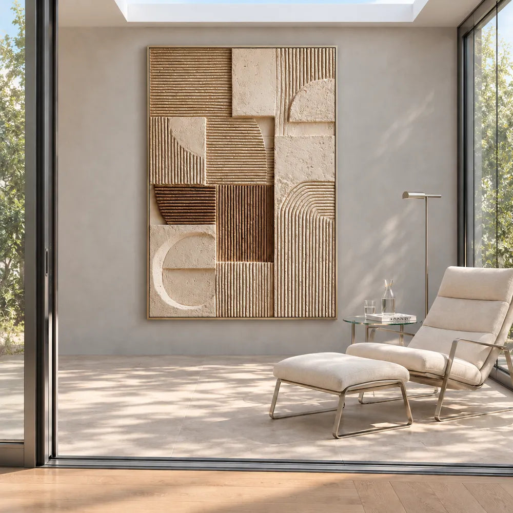 Beige and Brown Hand-Painted 3D Textured Oil Painting, Geometric Groove Abstract #VCDV5N13