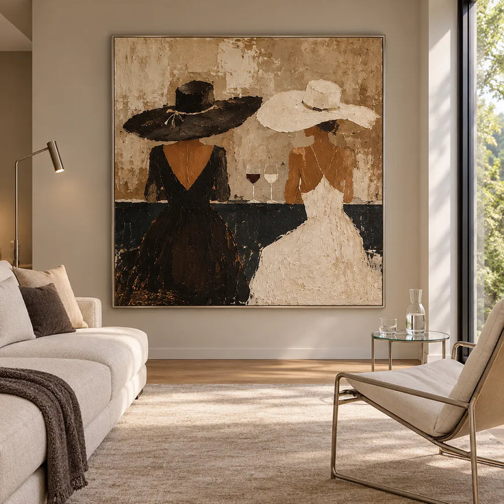 Beige Black Hand-Painted Oil Painting, Two Women in Black and Ivory Dresses #RDT3ONMB