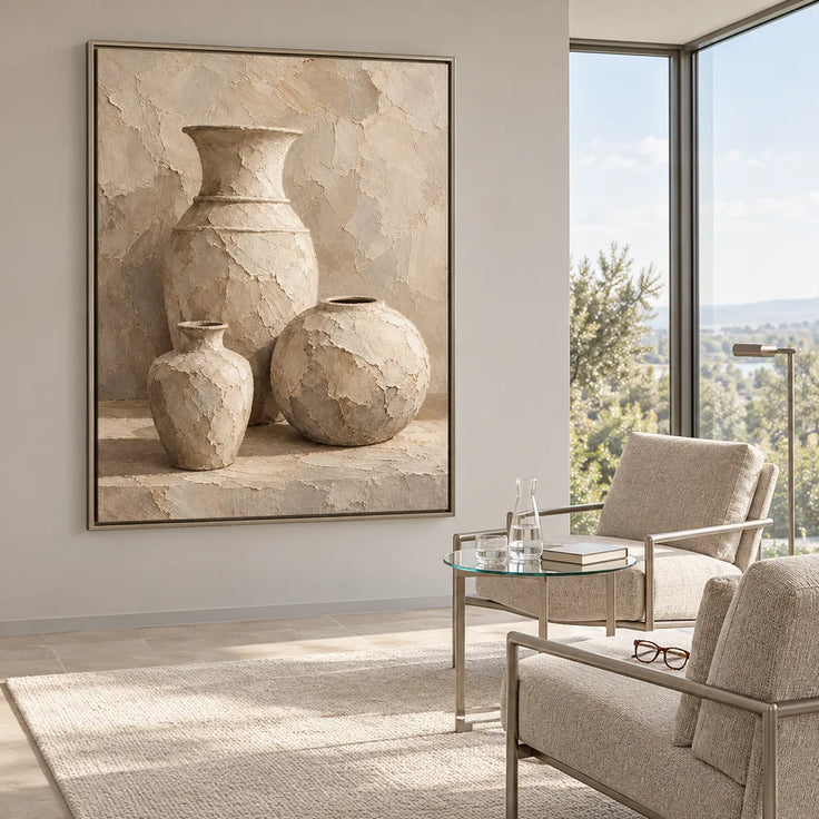 Cream Hand-Painted Oil Painting, Three Vessels on a Pale Ledge #SP4VXF23