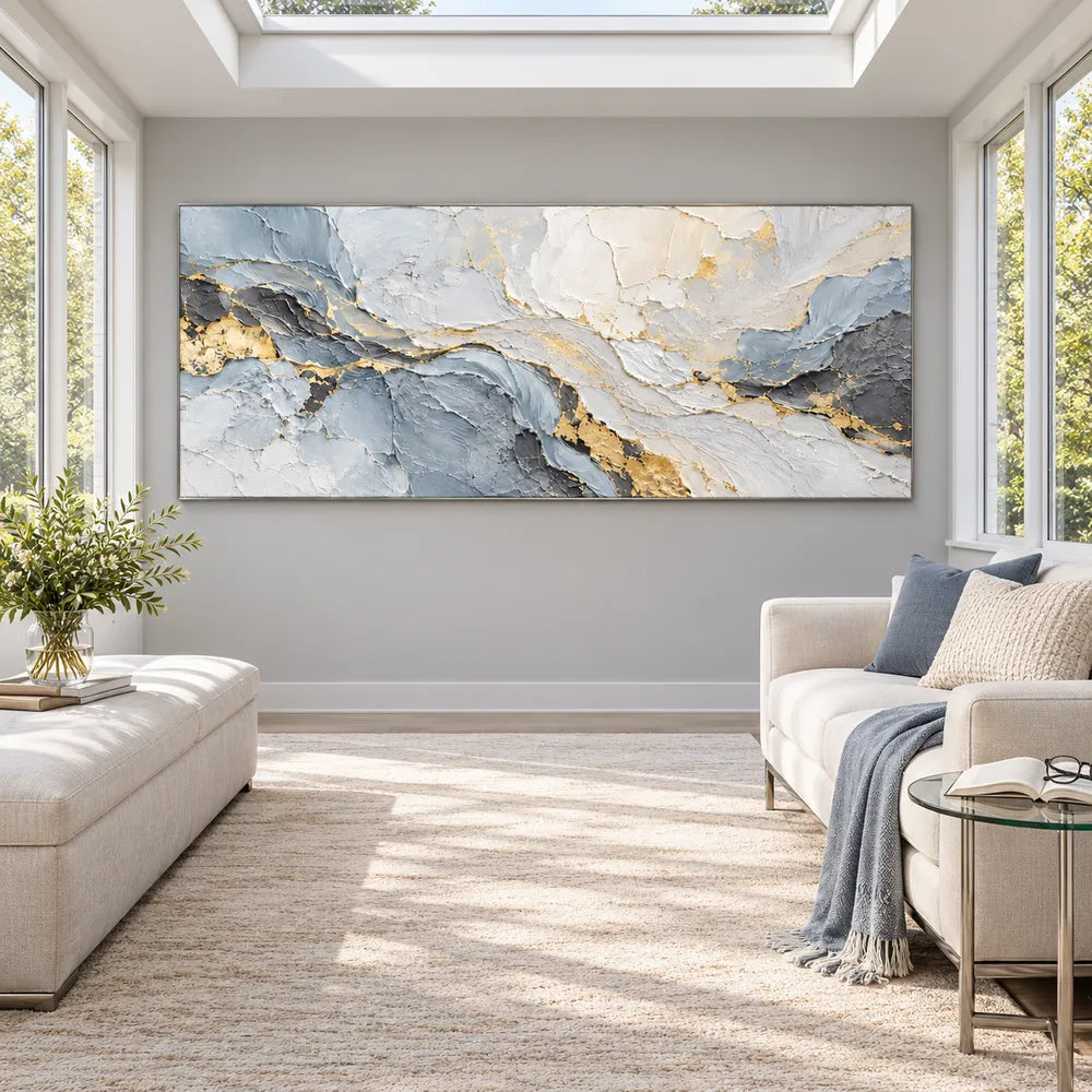 Gray Hand-Painted 3D Textured Oil Painting, Pale Layers with Gold Tones #LRQBCA6S