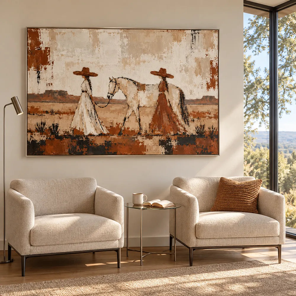 Cream & Rust Hand-Painted Oil Painting, Two Women Walking with a Horse #AROTNDU1