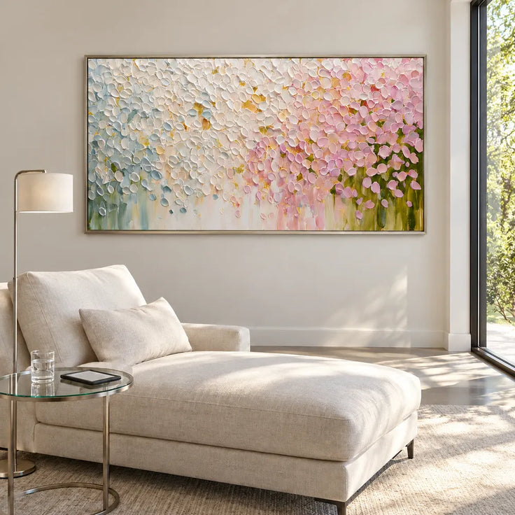 Cream and Pink Hand-Painted Oil Painting, Cascading Floral Petals #AN8LZER5