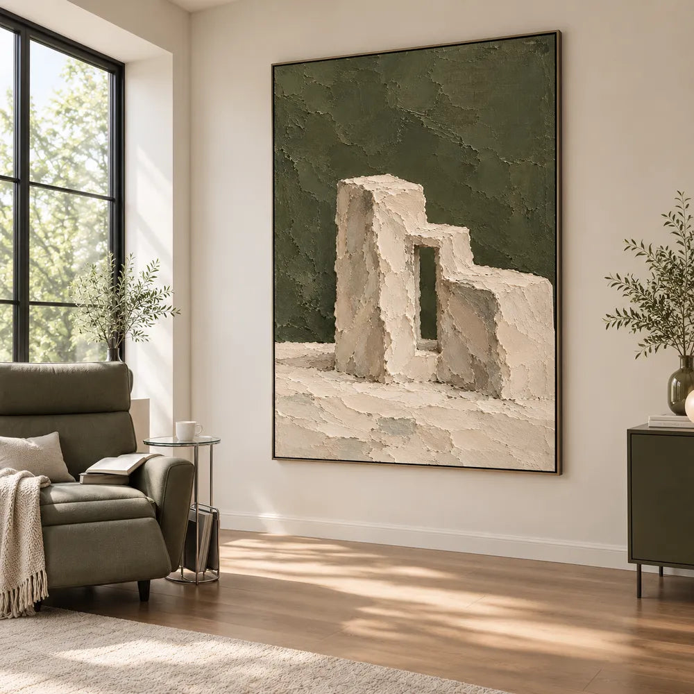 Olive Green Hand-Painted Painting, Cream Stepped Architecture #0MCLXG8H