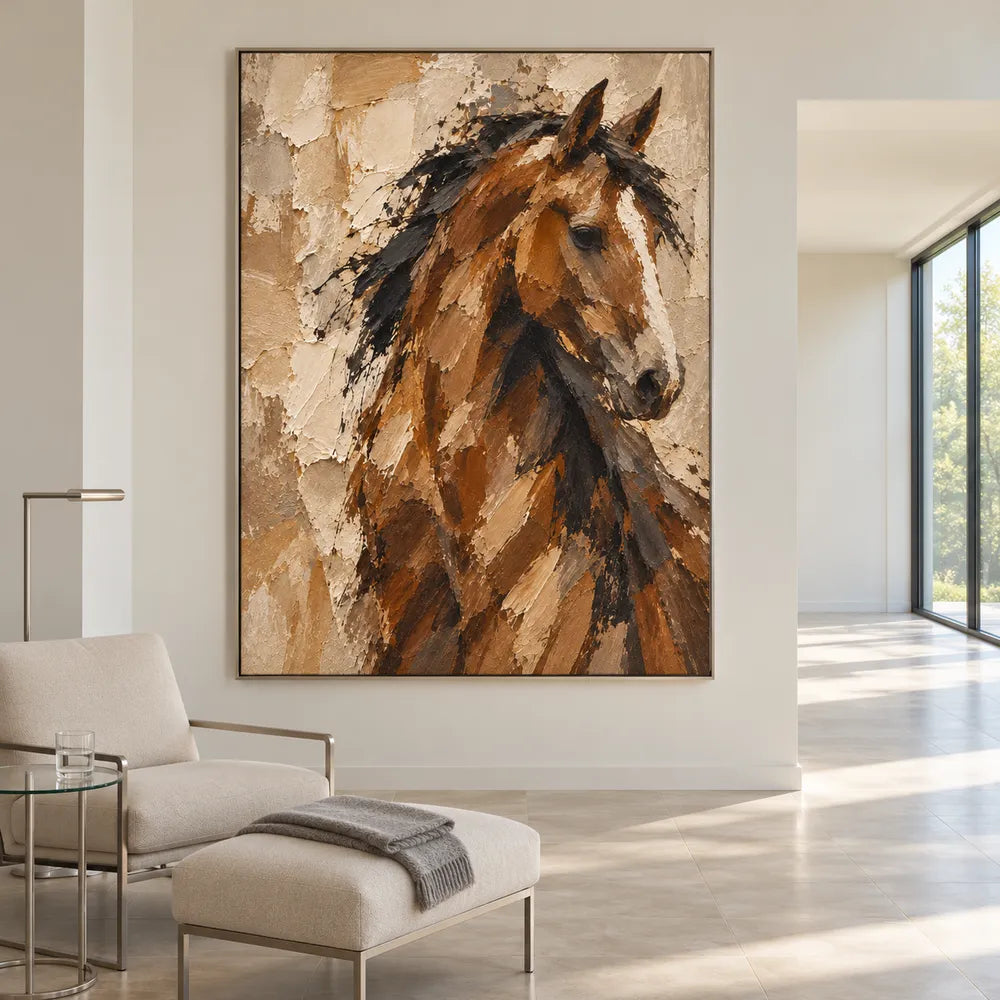 Chestnut Brown Hand-Painted Oil Painting, Expressive Horse Portrait #X4ZDTYL9
