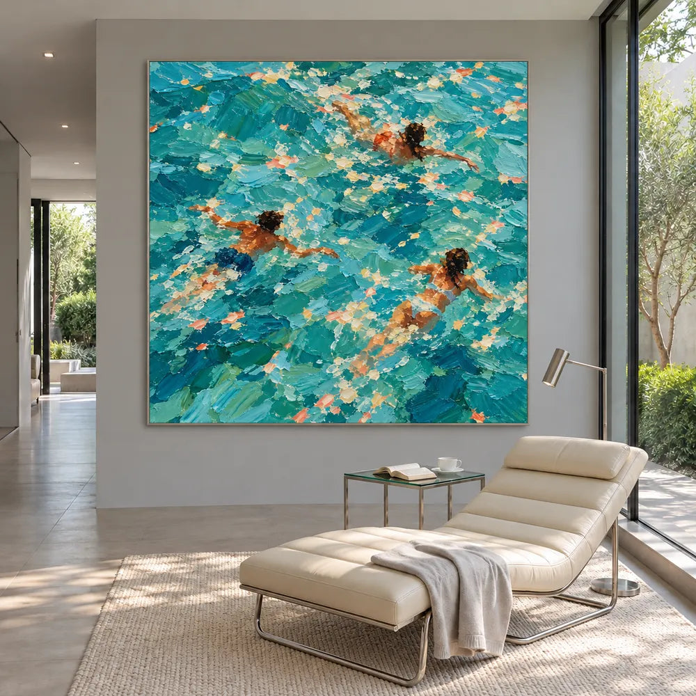 Turquoise Hand-Painted Oil Painting, Three Swimmers Viewed from Above #NL63J63Q