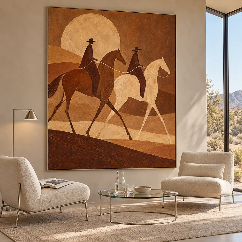 Brown Hand-Painted Oil Painting, Two Riders Beneath a Golden Sun #M7HL0PQE