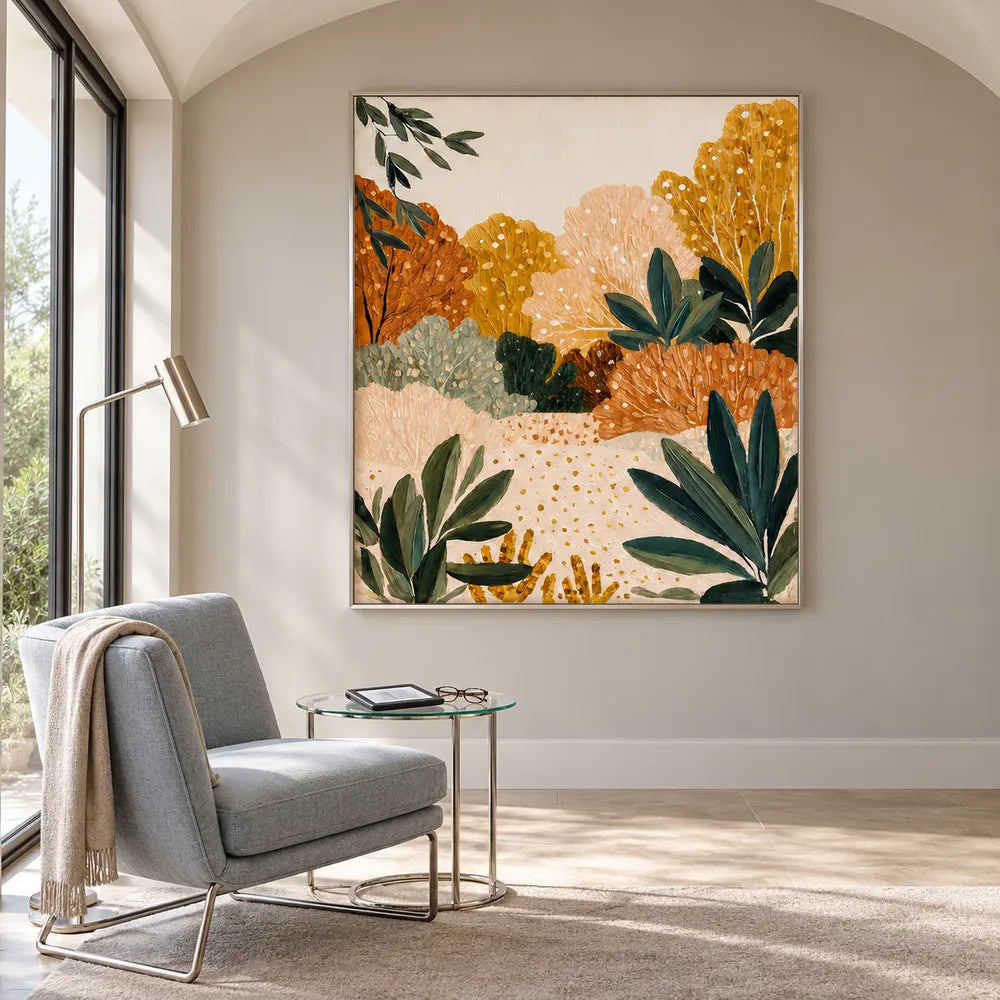 Cream and Ochre Hand-Painted Oil Painting, Stylized Garden Foliage #UATDX9Y6