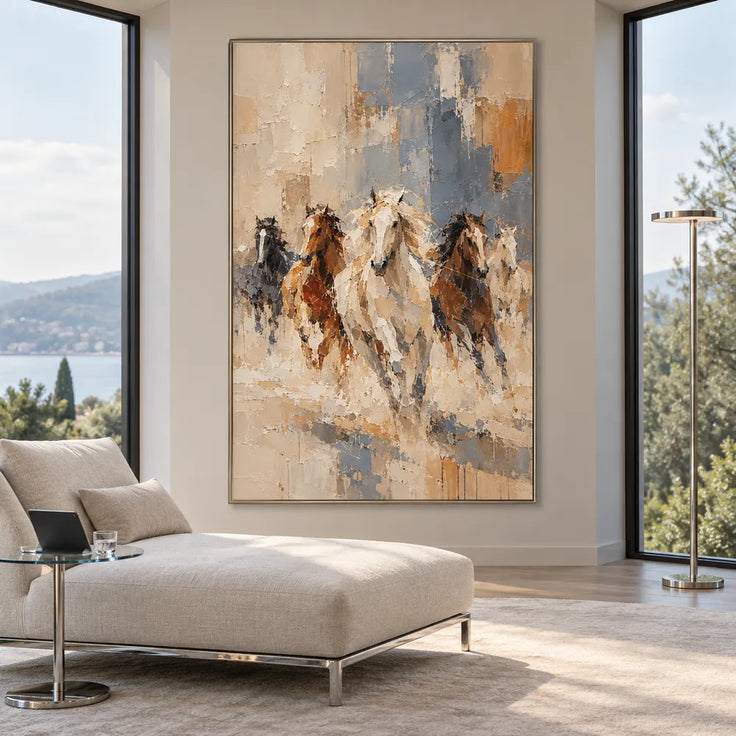 Cream and Slate Blue Hand-Painted Oil Painting, Five Running Horses #63S5E3ZM