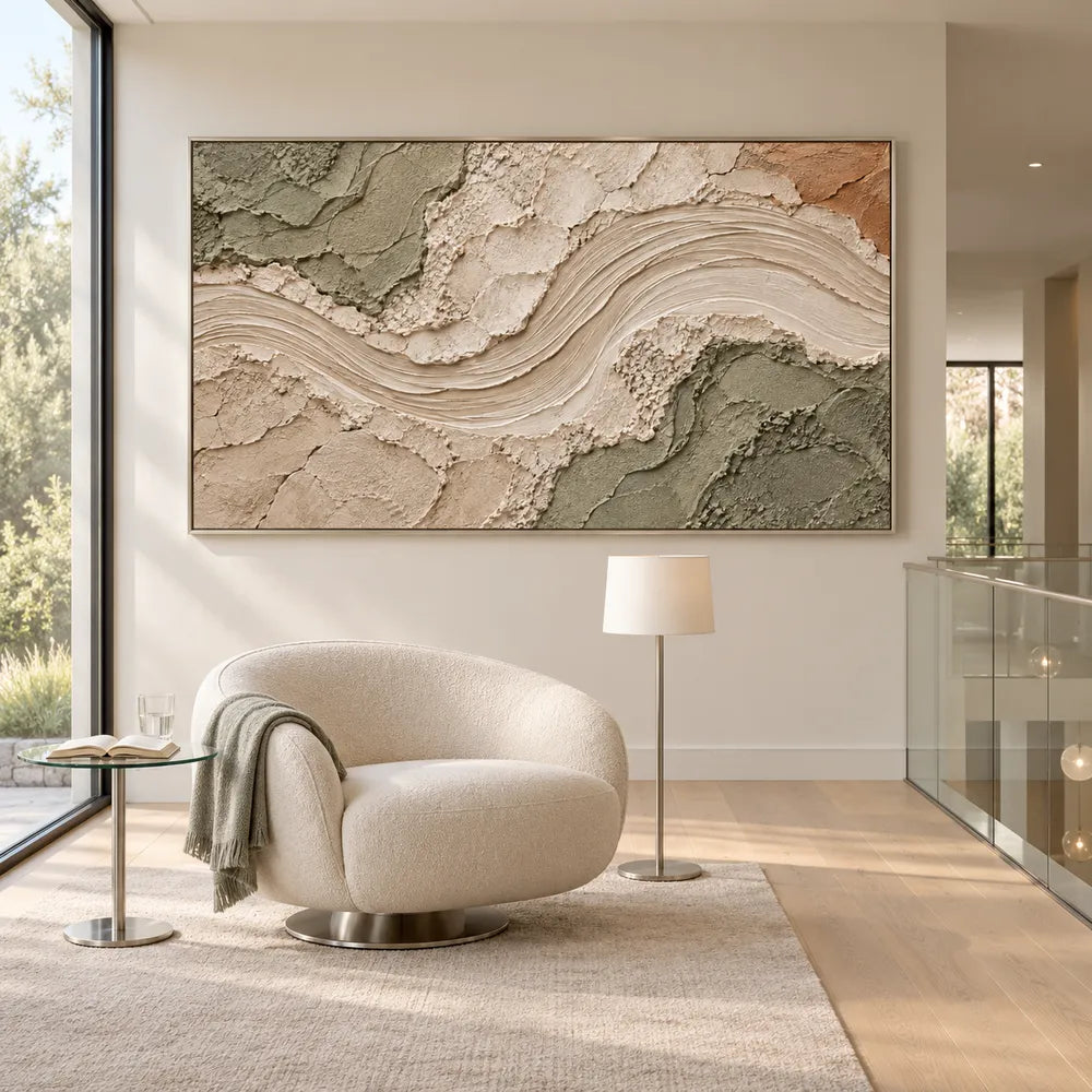 Beige & Sage Hand-Painted 3D Textured Oil Painting, Curved Ribbon Abstract Wall Art #6BLZCD7P