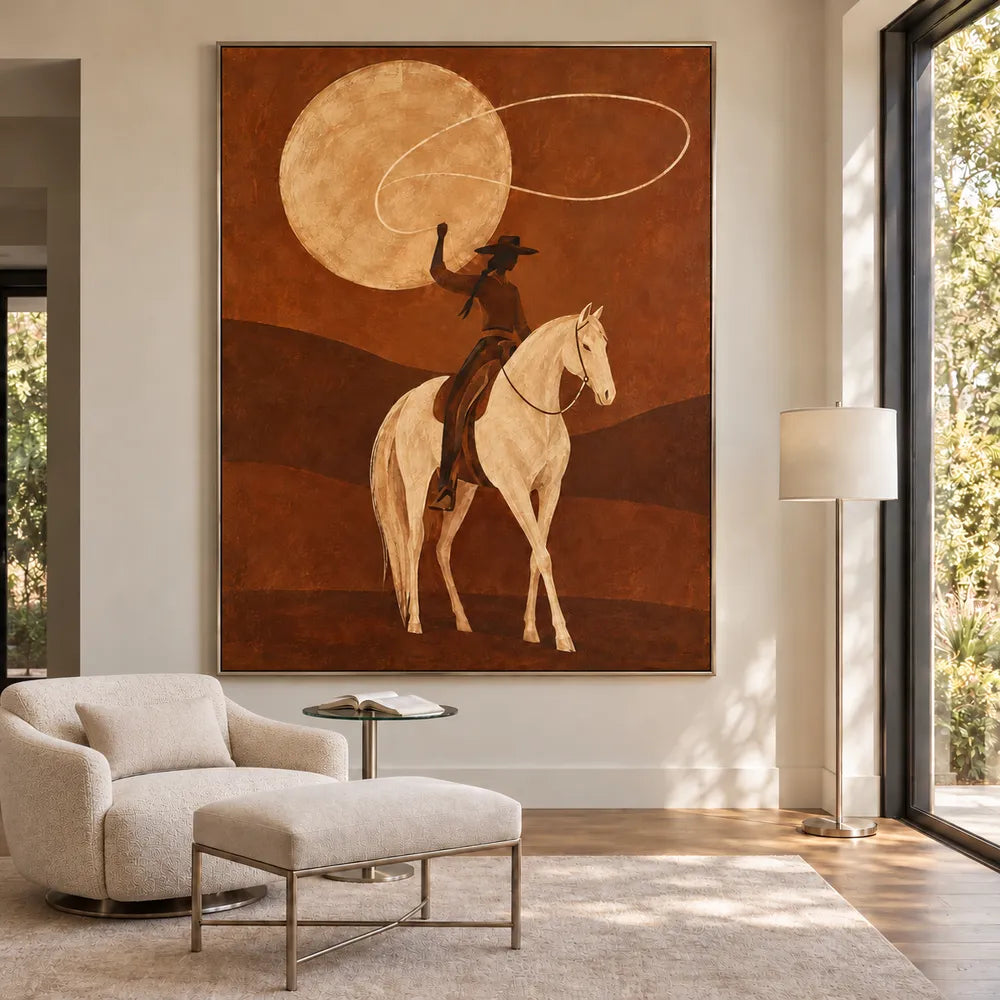 Brown Hand-Painted Oil Painting, Lasso Rider on a Cream Horse #6FDNCBOV