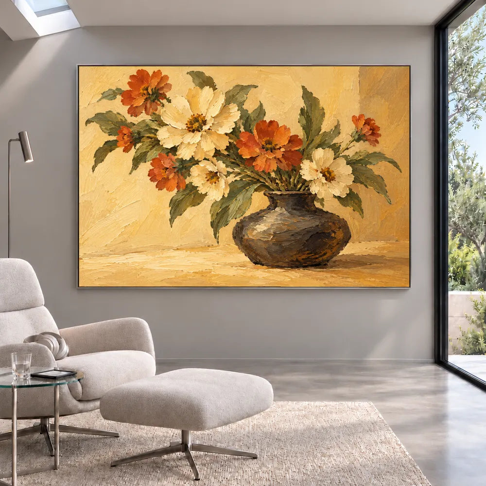 Yellow Hand-Painted Oil Painting, Cream and Orange Floral Bouquet #8FD36JJN