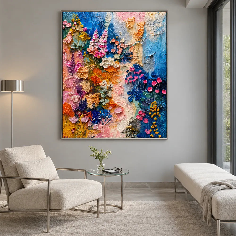 Blue and Pink Hand-Painted Oil Painting, Expressive Floral Abstract #SPCZIUW7