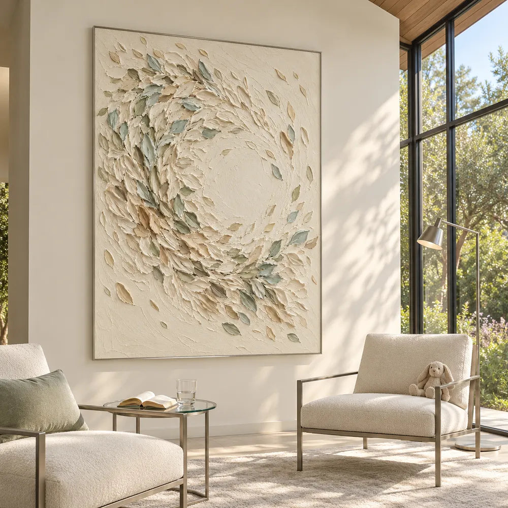 Cream Hand-Painted 3D Textured Oil Painting, Sage Leaf Swirl Wall Art #2JPRKE6N