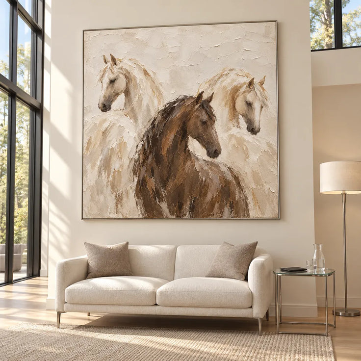 Cream and Brown Hand-Painted Oil Painting, Three Horses #FLZV73BL