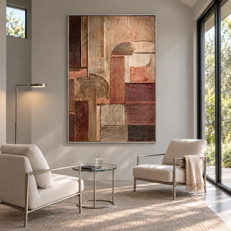 Brown and Beige Hand-Painted Oil Painting, Geometric Arches and Linear Blocks #SOT3Y088