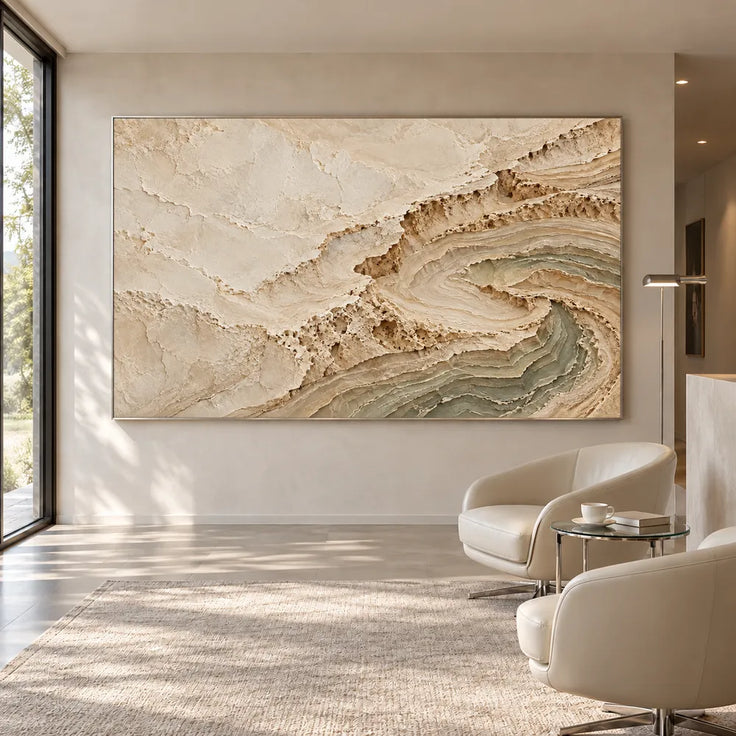Cream and Sage Hand-Painted 3D Textured Oil Painting, Curling Contour Relief #C9QZSV3G