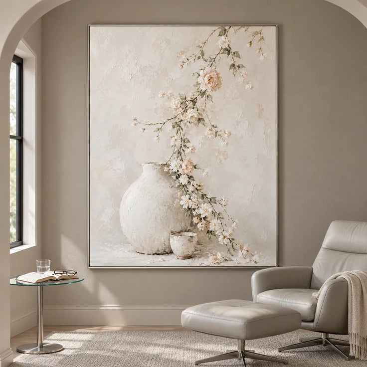 Ivory Hand-Painted Oil Painting, Trailing Blossoms and Pale Vessels #5LFVTUHO