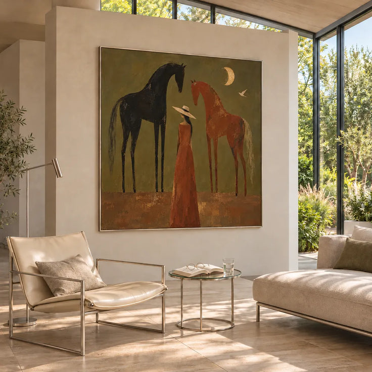 Olive & Rust Hand-Painted Oil Painting, Woman and Horses with Crescent Moon #HO11S3B9