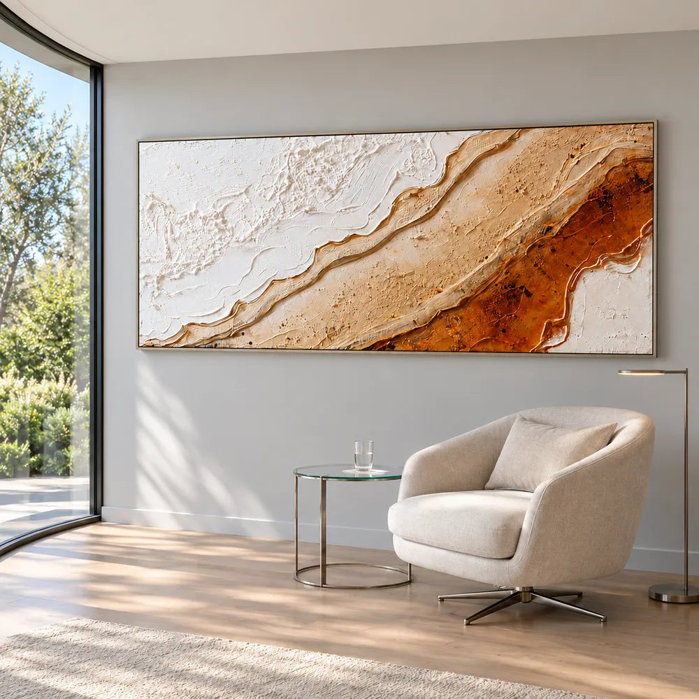 Ivory Sand Hand-Painted 3D Textured Oil Painting, Diagonal Strata Wall Art #VI3X6SLT