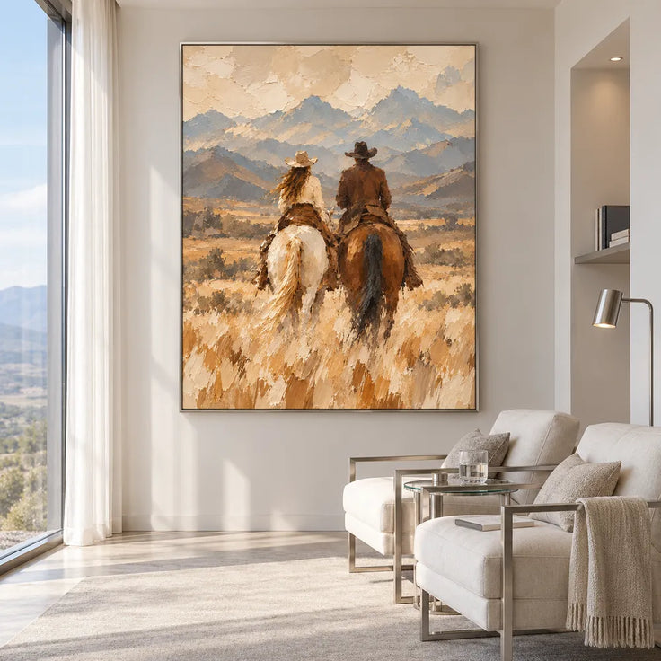 Sand and Blue Gray Hand-Painted Oil Painting, Riders Facing the Mountains #3TULKAQH