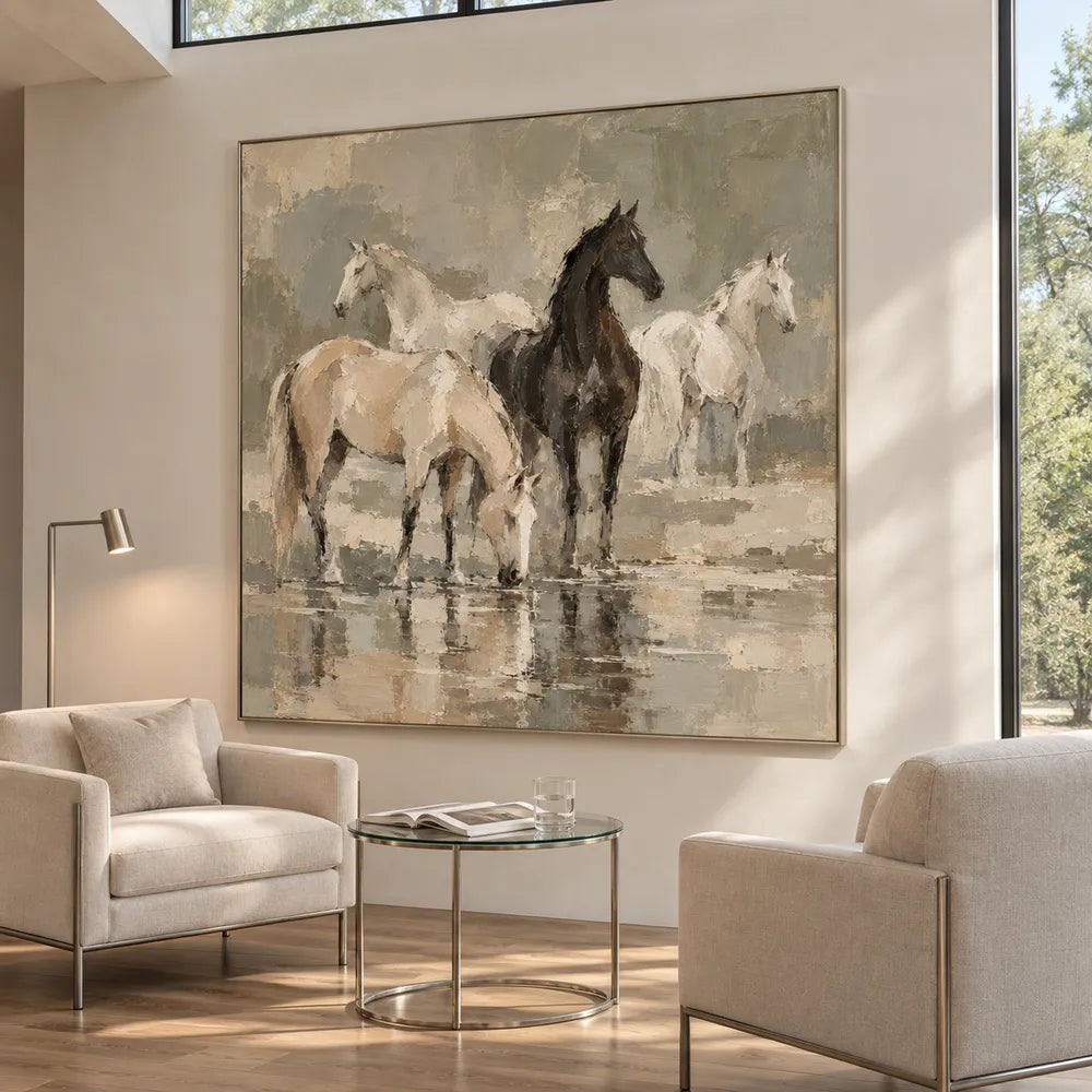 Hand-Painted Oil Painting, Four Horses at the Water in Soft Earth Tones #VUCHU1Y7