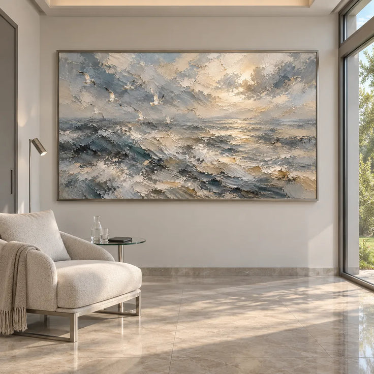 Blue-Gray Hand-Painted Oil Painting, Breaking Waves and Open Sky #KJ75TCEM