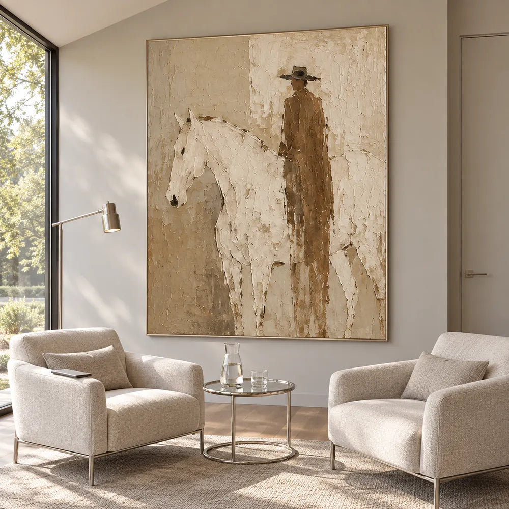 Beige and Cream Hand-Painted Oil Painting, White Horse and Brown-Clad Rider #1YZD0V5I