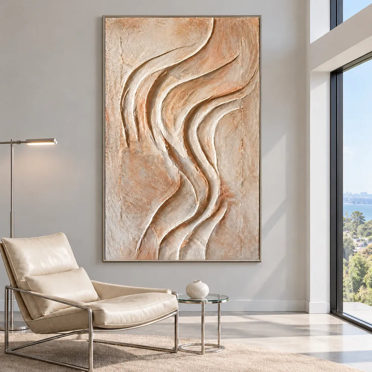 Peach Cream Hand-Painted 3D Textured Oil Painting, Sinuous Ridges Wall Art #TFAXNVHH