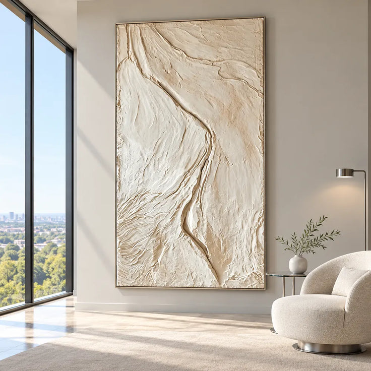 Ivory Hand-Painted 3D Textured Oil Painting, Winding Channel Wall Art #FFC33IEH