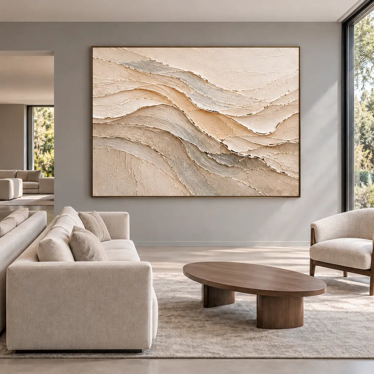 Cream & Beige Hand-Painted 3D Textured Oil Painting, Flowing Neutral Abstract Wall Art #75VVTF8C