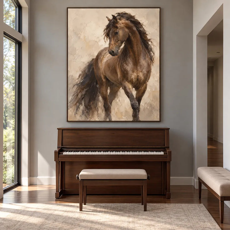 Brown & Beige Hand-Painted Oil Painting, Expressive Horse Wall Art #VSRVKISF
