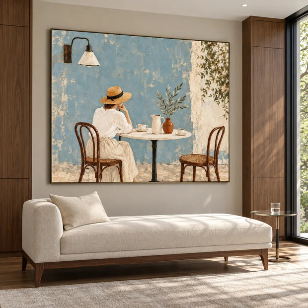 Blue Hand-Painted Oil Painting, Woman at a Cafe Table Wall Art #1IE39W18