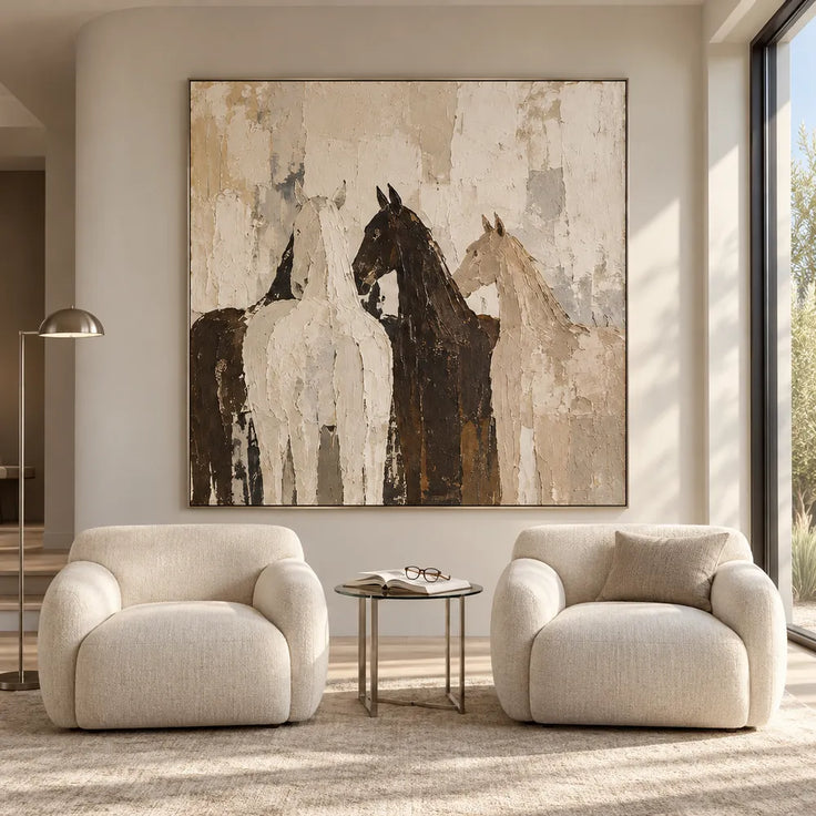 Cream and Brown Hand-Painted Oil Painting, Four Overlapping Horses #8B5N34SV
