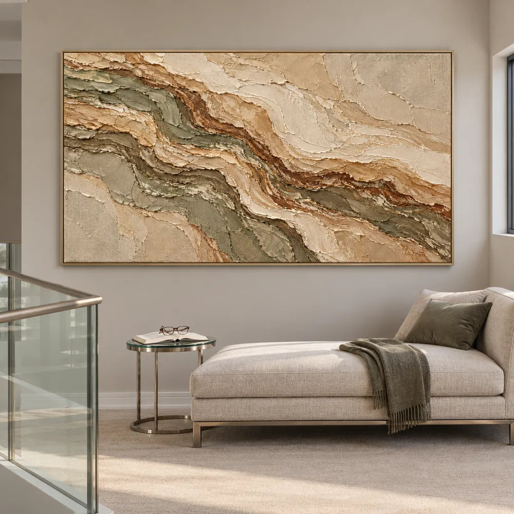Earth-Tone Hand-Painted 3D Textured Oil Painting, Olive and Brown Strata #CZ83GDFB