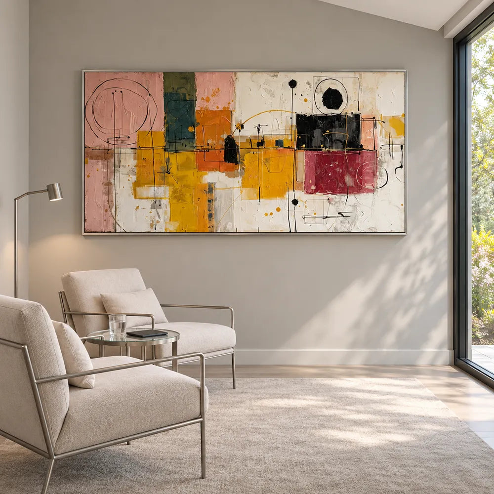 Mustard and Burgundy Hand-Painted Oil Painting, Geometric Abstract #LV534W2B