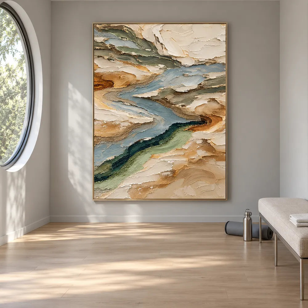 Earth-Tone Hand-Painted 3D Textured Oil Painting, Winding Blue-Gray Flow #KHMVTZFC