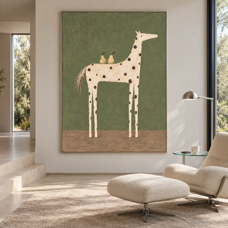 Olive Green Hand-Painted Oil Painting, Spotted Horse Carrying Two Pears #IIUZU07G